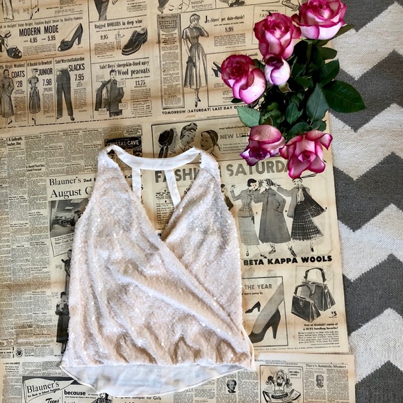 Charlotte Russe Tops - Cream Sparkle Sequin deepv faux wrap sexy tank top